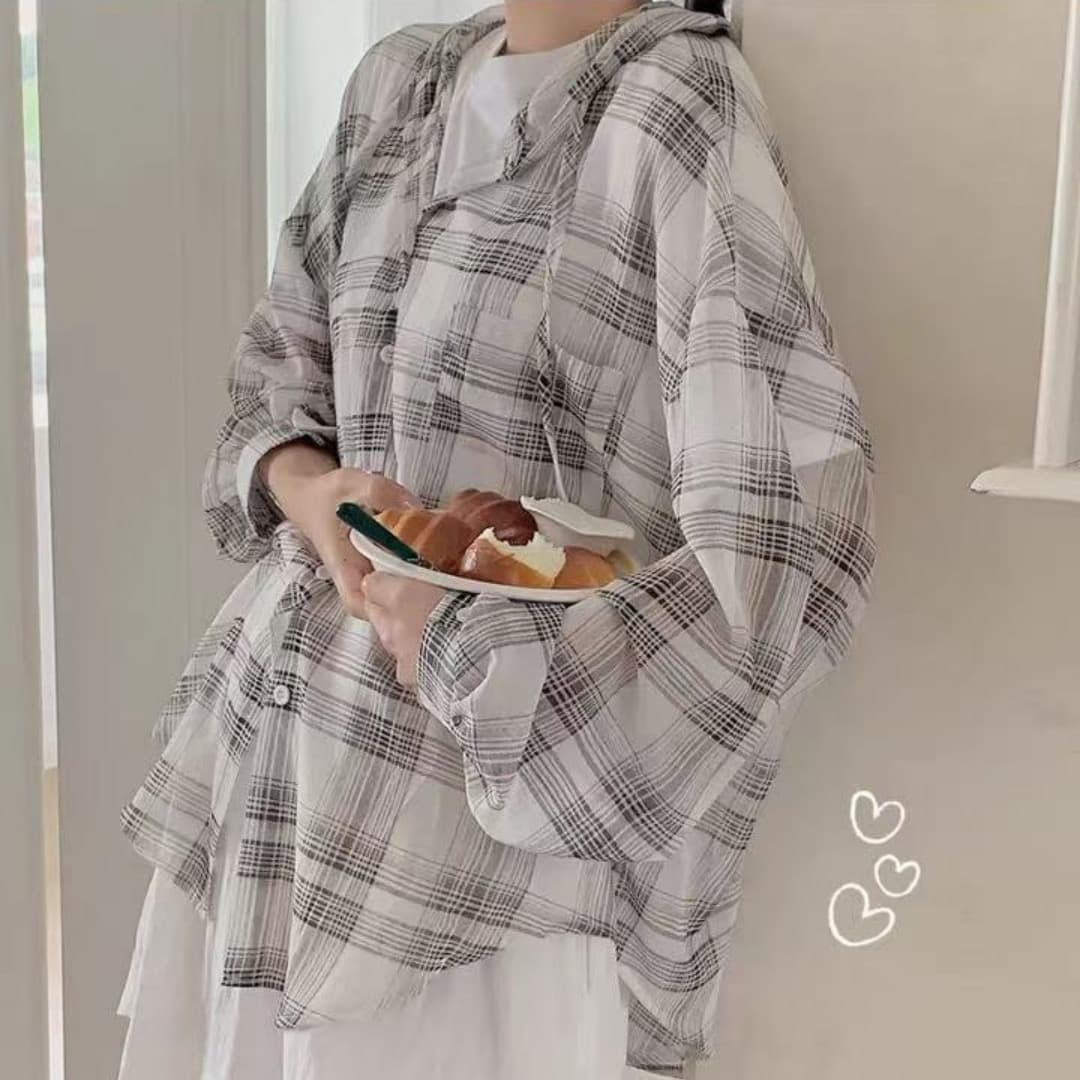 한국 스타일 여름 체크무늬 후드 루즈핏 게으른 바람 자외선 차단 의류 셔츠 하라주쿠 스타일 다용도 긴팔 작은 대중 여성 코트