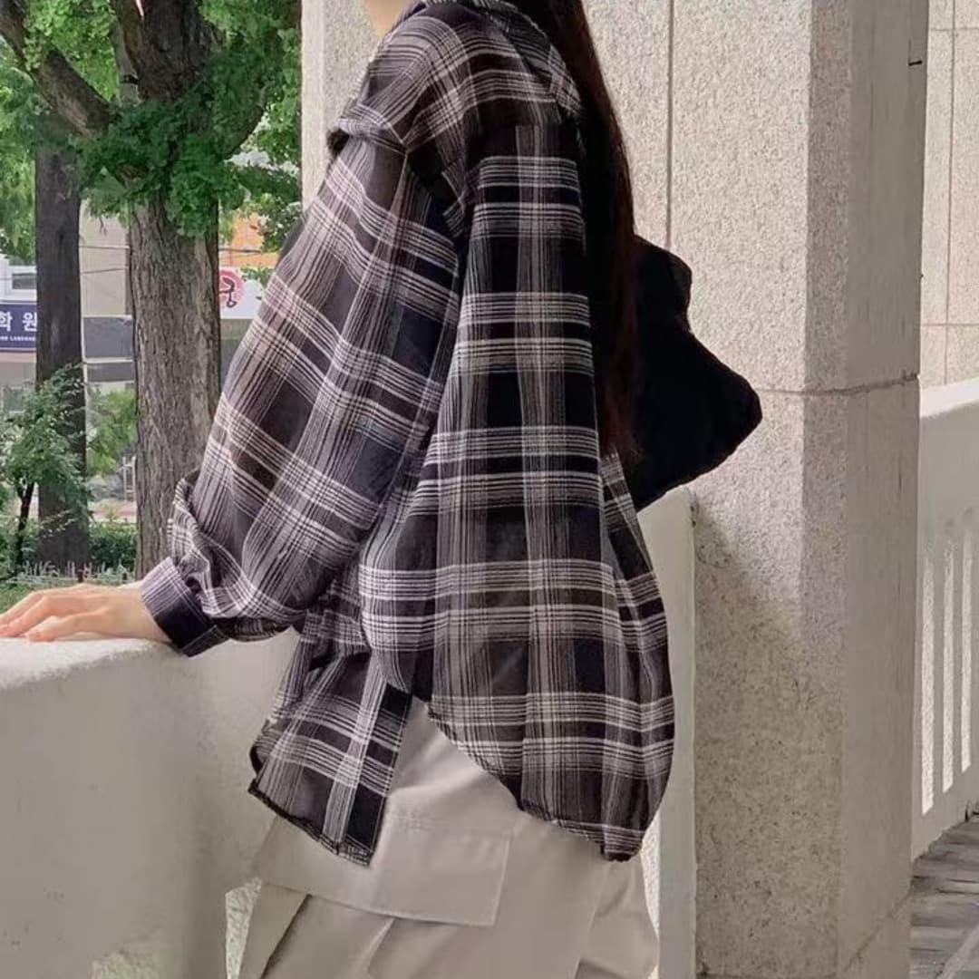 한국 스타일 여름 체크무늬 후드 루즈핏 게으른 바람 자외선 차단 의류 셔츠 하라주쿠 스타일 다용도 긴팔 작은 대중 여성 코트 상세 이미지 2