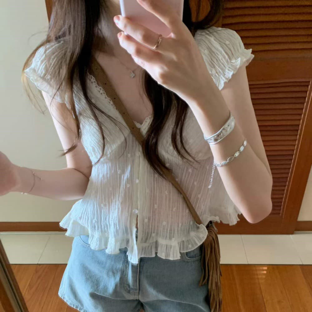 있음 선적 한국 동대문 레이스 측면 V넥 부서 버클 요정 요정 주름 자수 조금 몸매 가꾸기 반팔 셔츠 상세 이미지 4