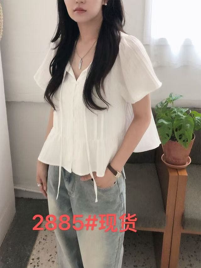 chic 한 부서 여름 부드러운 달콤함 나비 매듭 주름 장식 디자인 센스 Feifei 소매 패션 다용도 셔츠 맨위
