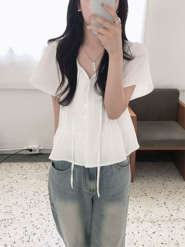 chic 한 부서 여름 부드러운 달콤함 나비 매듭 주름 장식 디자인 센스 Feifei 소매 패션 다용도 셔츠 맨위 이미지 3