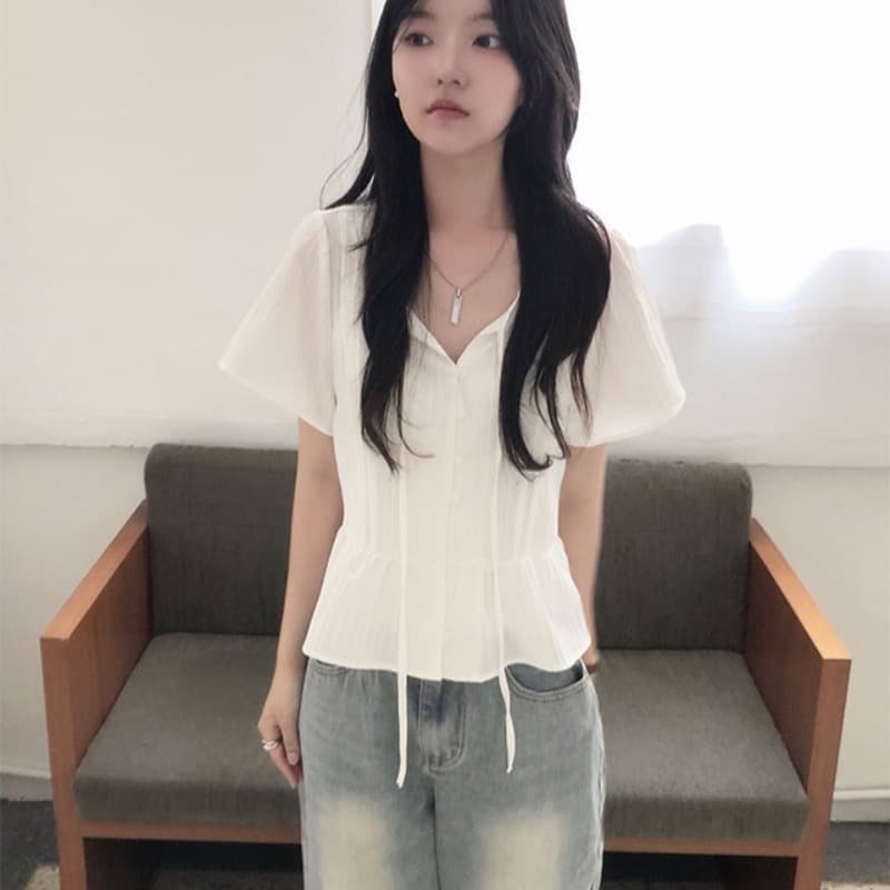 chic 한 부서 여름 부드러운 달콤함 나비 매듭 주름 장식 디자인 센스 Feifei 소매 패션 다용도 셔츠 맨위 이미지 5