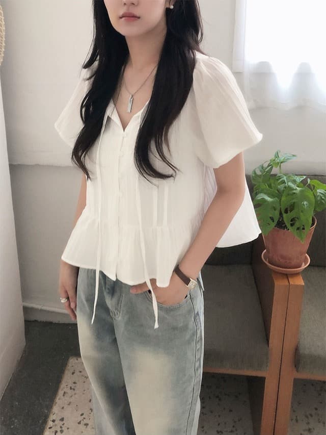 chic 한 부서 여름 부드러운 달콤함 나비 매듭 주름 장식 디자인 센스 Feifei 소매 패션 다용도 셔츠 맨위 상세 이미지 1