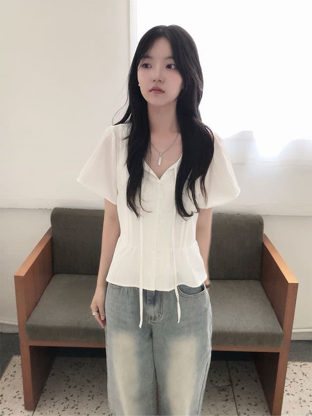 chic 한 부서 여름 부드러운 달콤함 나비 매듭 주름 장식 디자인 센스 Feifei 소매 패션 다용도 셔츠 맨위 상세 이미지 3