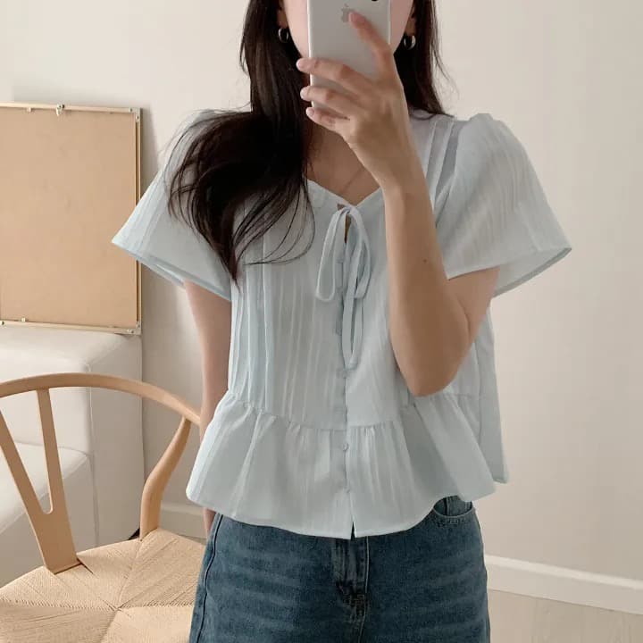 chic 한 부서 여름 부드러운 달콤함 나비 매듭 주름 장식 디자인 센스 Feifei 소매 패션 다용도 셔츠 맨위 상세 이미지 4