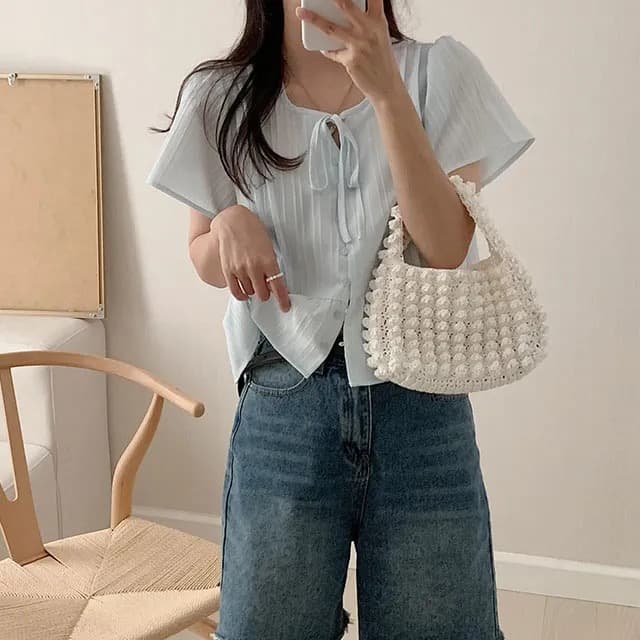chic 한 부서 여름 부드러운 달콤함 나비 매듭 주름 장식 디자인 센스 Feifei 소매 패션 다용도 셔츠 맨위 상세 이미지 5