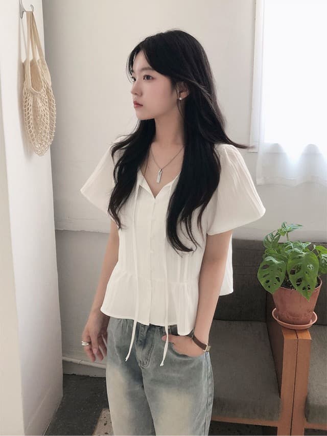chic 한 부서 여름 부드러운 달콤함 나비 매듭 주름 장식 디자인 센스 Feifei 소매 패션 다용도 셔츠 맨위 상세 이미지 6