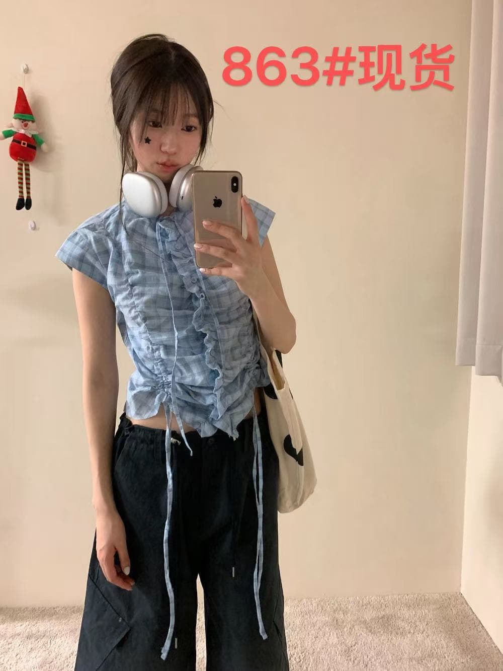 있음 선적 한국 ins 작은 대중 세련된 소녀 체크무늬 셔츠