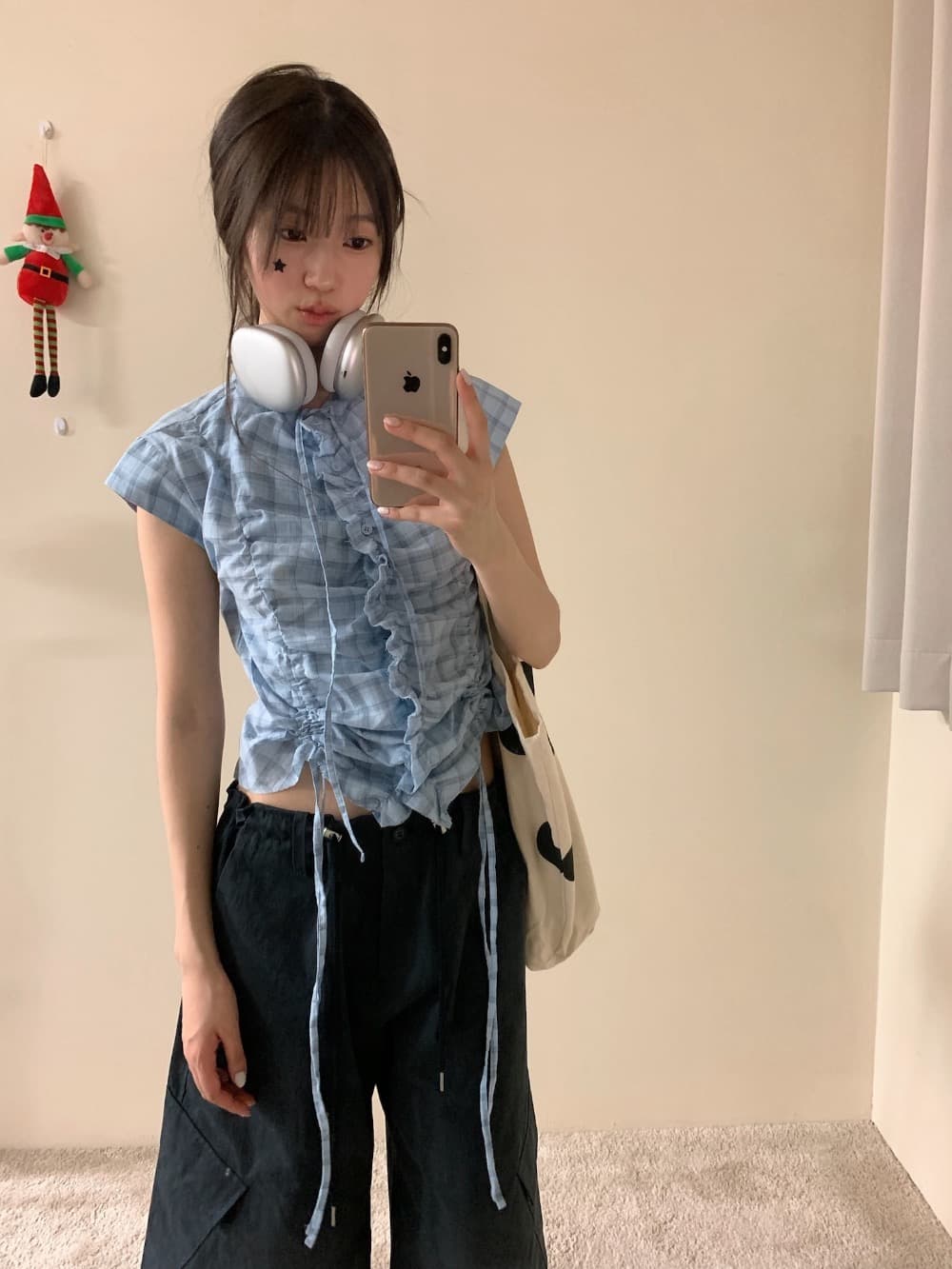 있음 선적 한국 ins 작은 대중 세련된 소녀 체크무늬 셔츠 이미지 3