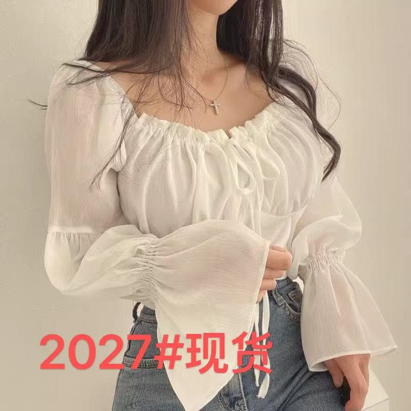 chic 이른 봄 프랑스식 작은 대중 프릴 부서 벨트 측면 칼라 허리 수축 나팔 소매 쉬폰 블라우스 외국 가스 쇼트 스타일 여성 셔츠