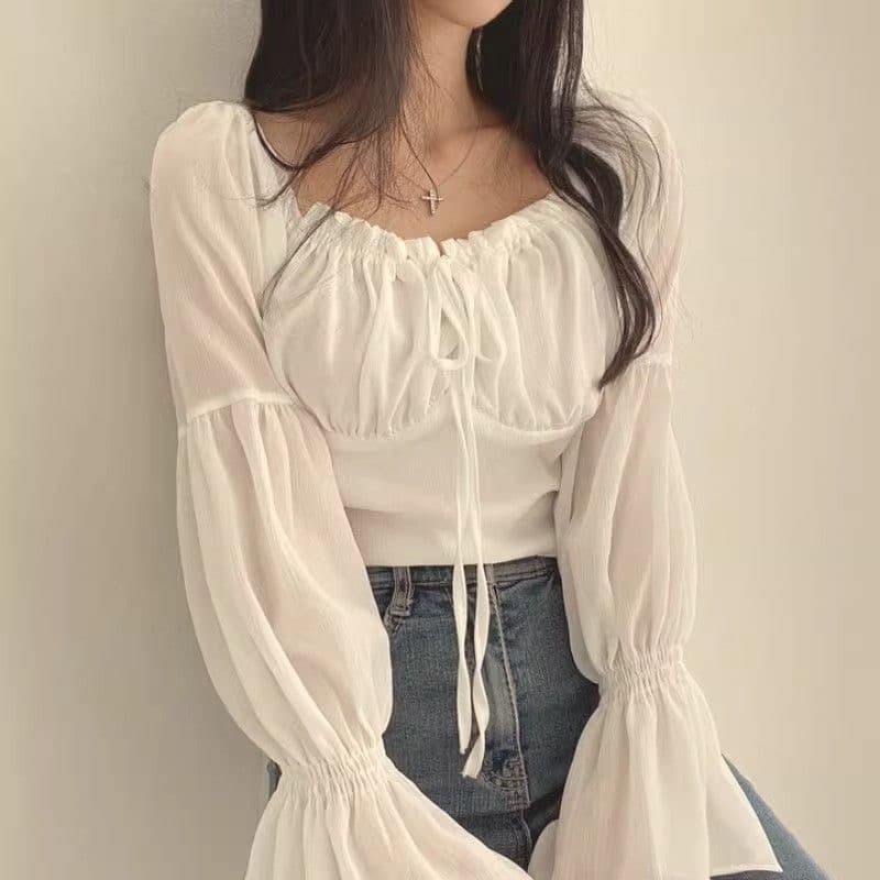 chic 이른 봄 프랑스식 작은 대중 프릴 부서 벨트 측면 칼라 허리 수축 나팔 소매 쉬폰 블라우스 외국 가스 쇼트 스타일 여성 셔츠 이미지 5