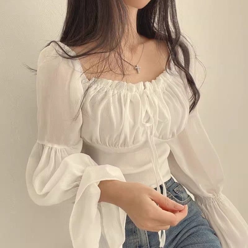 chic 이른 봄 프랑스식 작은 대중 프릴 부서 벨트 측면 칼라 허리 수축 나팔 소매 쉬폰 블라우스 외국 가스 쇼트 스타일 여성 셔츠 이미지 3