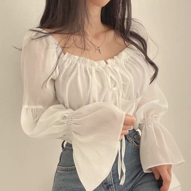 chic 이른 봄 프랑스식 작은 대중 프릴 부서 벨트 측면 칼라 허리 수축 나팔 소매 쉬폰 블라우스 외국 가스 쇼트 스타일 여성 셔츠 상세 이미지 6