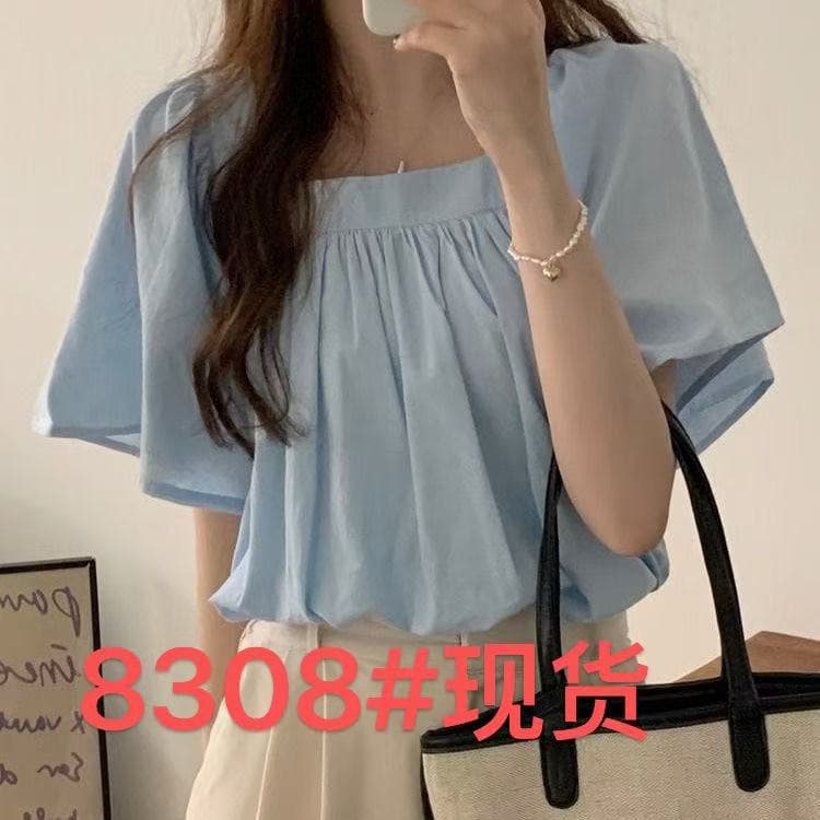 빅 사이즈 여름 품격 작은 대중 밴딩 주름 여성 지방 광장 칼라 쇼트 스타일 루즈핏 슬림해 보이는 나팔 반팔 셔츠 맨위