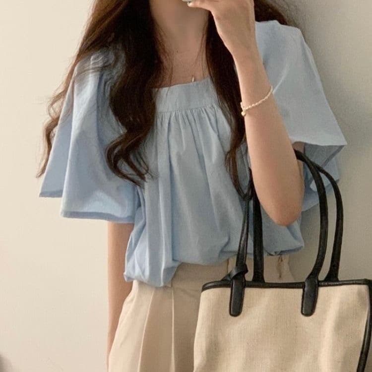 빅 사이즈 여름 품격 작은 대중 밴딩 주름 여성 지방 광장 칼라 쇼트 스타일 루즈핏 슬림해 보이는 나팔 반팔 셔츠 맨위 이미지 3