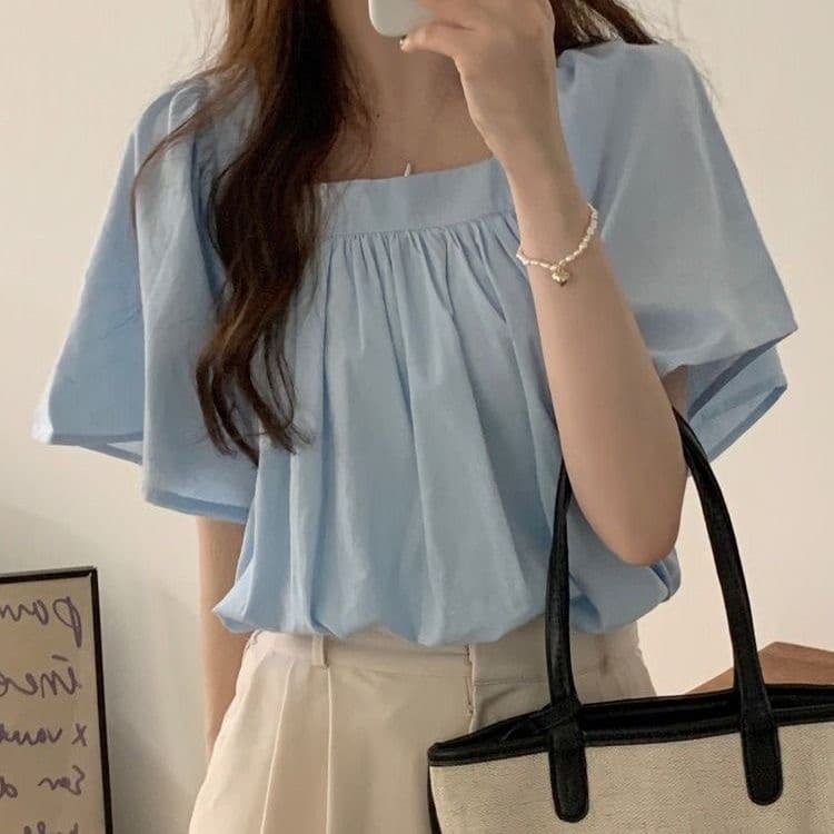 빅 사이즈 여름 품격 작은 대중 밴딩 주름 여성 지방 광장 칼라 쇼트 스타일 루즈핏 슬림해 보이는 나팔 반팔 셔츠 맨위 상세 이미지 5