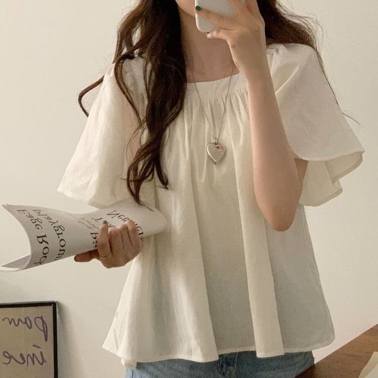 빅 사이즈 여름 품격 작은 대중 밴딩 주름 여성 지방 광장 칼라 쇼트 스타일 루즈핏 슬림해 보이는 나팔 반팔 셔츠 맨위 상세 이미지 6