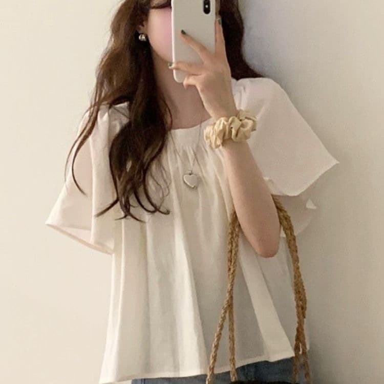 빅 사이즈 여름 품격 작은 대중 밴딩 주름 여성 지방 광장 칼라 쇼트 스타일 루즈핏 슬림해 보이는 나팔 반팔 셔츠 맨위 상세 이미지 7