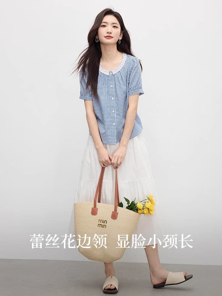 프랑스식 레이스 레이스 칼라 파란색 체크무늬 반팔 여성 셔츠 여름 소금 부서 학원 스타일 착용 가져 가라. 긍정적 인 어깨 의류 트렌디 이미지 3