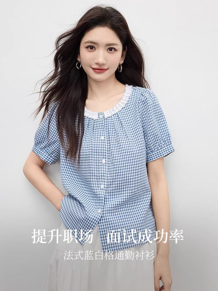 프랑스식 레이스 레이스 칼라 파란색 체크무늬 반팔 여성 셔츠 여름 소금 부서 학원 스타일 착용 가져 가라. 긍정적 인 어깨 의류 트렌디 상세 이미지 2