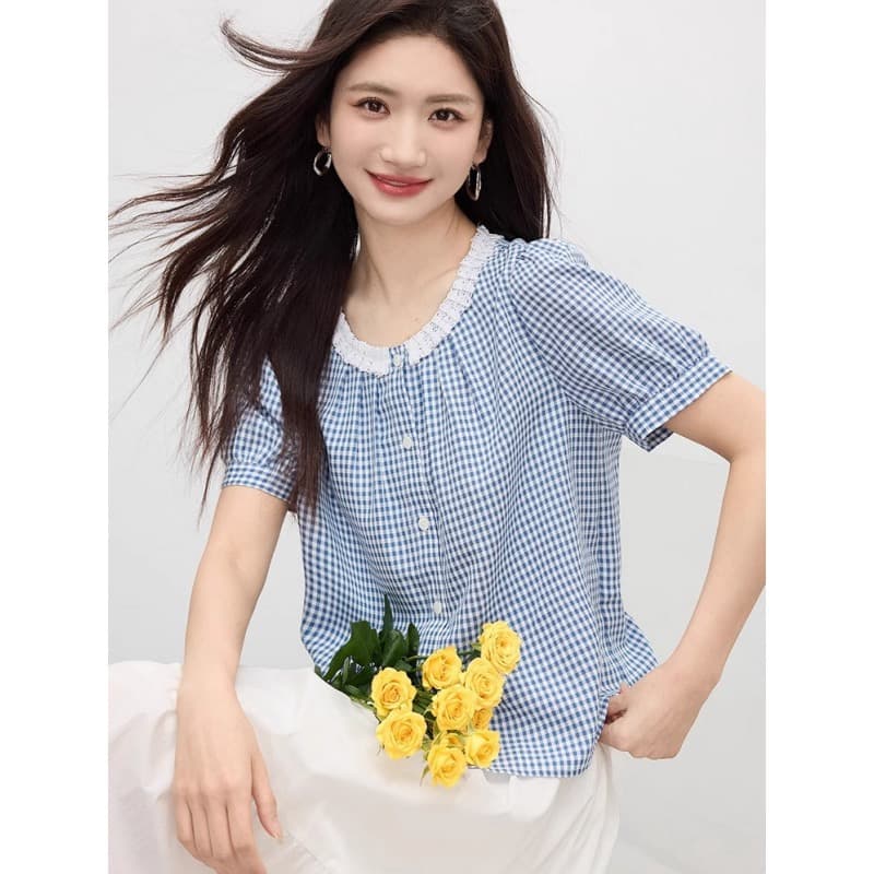 프랑스식 레이스 레이스 칼라 파란색 체크무늬 반팔 여성 셔츠 여름 소금 부서 학원 스타일 착용 가져 가라. 긍정적 인 어깨 의류 트렌디 상세 이미지 3