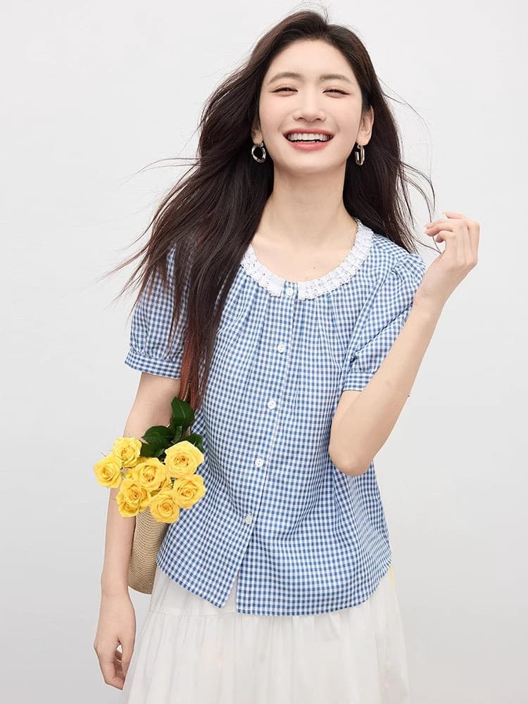 프랑스식 레이스 레이스 칼라 파란색 체크무늬 반팔 여성 셔츠 여름 소금 부서 학원 스타일 착용 가져 가라. 긍정적 인 어깨 의류 트렌디 상세 이미지 4