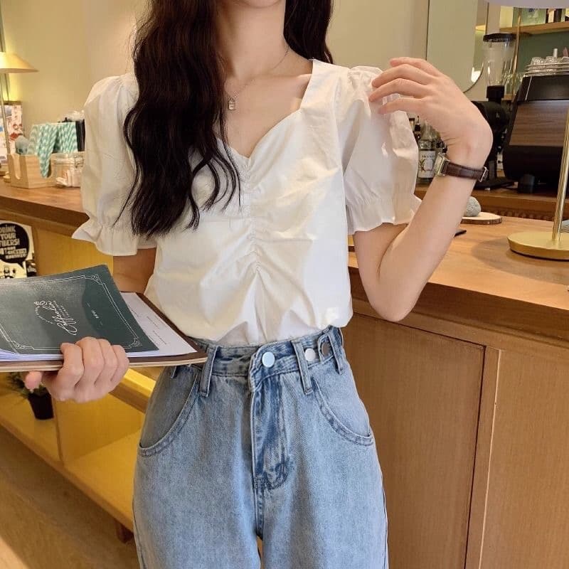 요정 가스 쇄골 비스듬한 광장 근육 칼라 버블 반팔 여성 셔츠 고유 한 Chic 디자인 맨위 코디 높은 허리 바지 여름 이미지 2