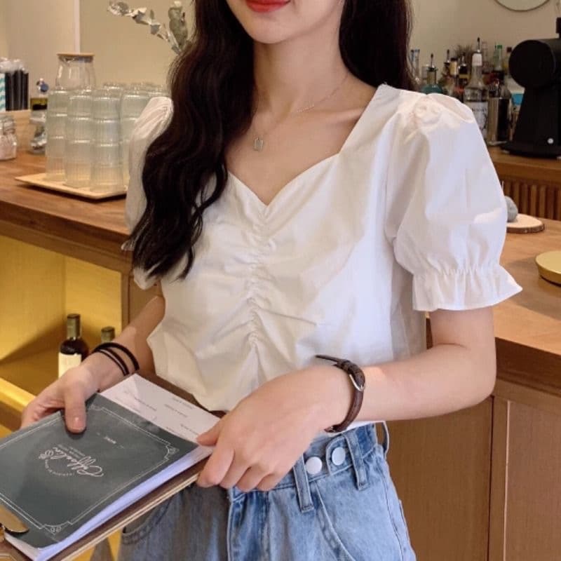 요정 가스 쇄골 비스듬한 광장 근육 칼라 버블 반팔 여성 셔츠 고유 한 Chic 디자인 맨위 코디 높은 허리 바지 여름 상세 이미지 1