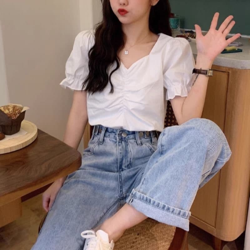 요정 가스 쇄골 비스듬한 광장 근육 칼라 버블 반팔 여성 셔츠 고유 한 Chic 디자인 맨위 코디 높은 허리 바지 여름 상세 이미지 4