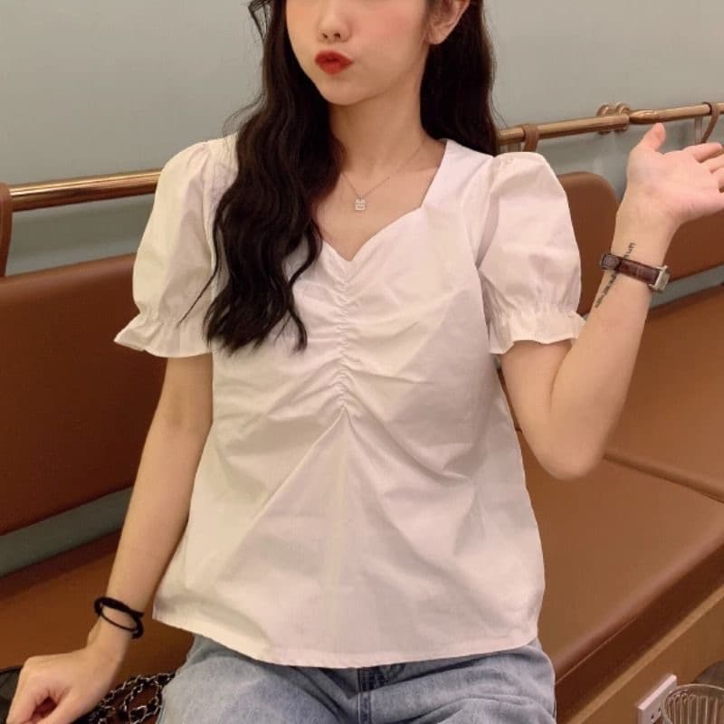 요정 가스 쇄골 비스듬한 광장 근육 칼라 버블 반팔 여성 셔츠 고유 한 Chic 디자인 맨위 코디 높은 허리 바지 여름 상세 이미지 5