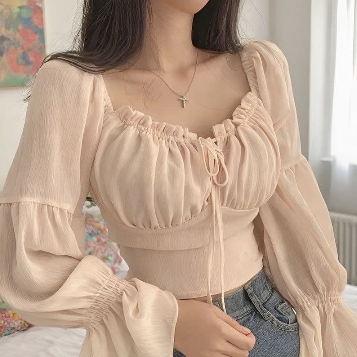 chic 쉬폰 블라우스 나팔 소매 레이스업 허리 수축 맨위 상세 이미지 2