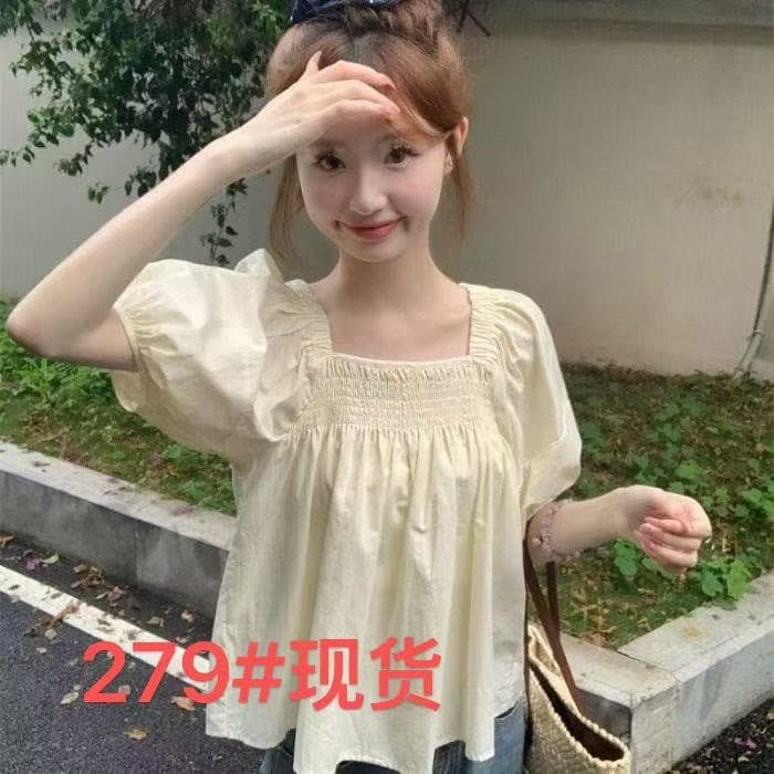 새로운 한국 스타일 미니멀리즘 바람 학생 셔츠 여성용 짧은 소매 여름 밴딩 광장 칼라 단색 작은 키 인형 셔츠 맨위
