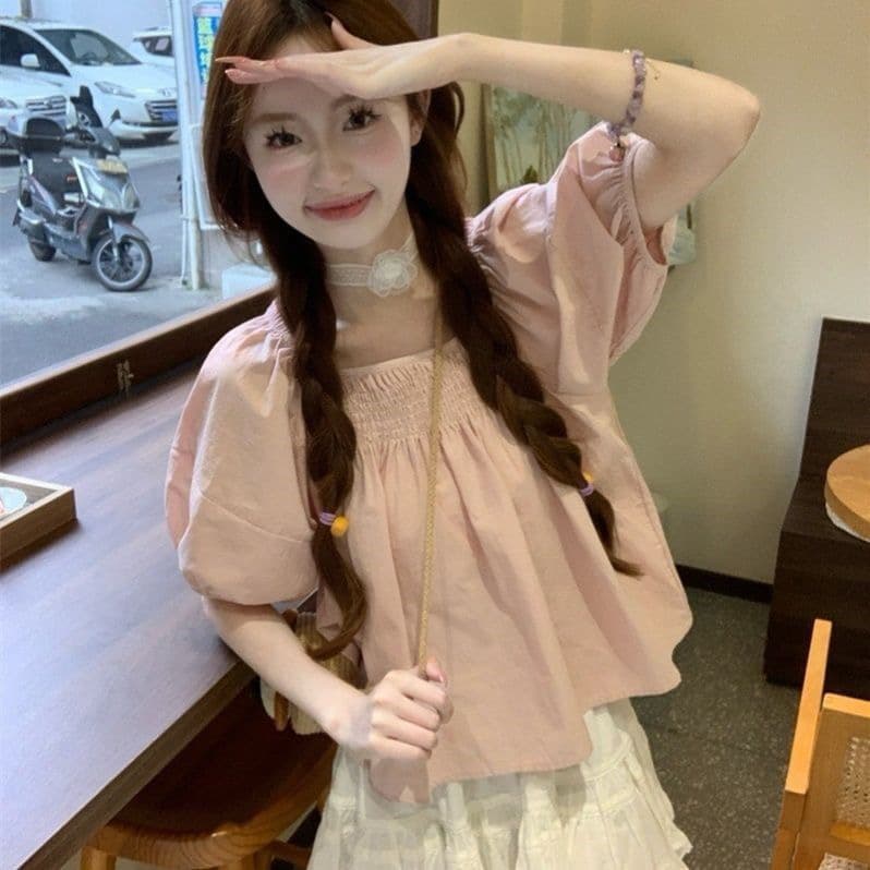 새로운 한국 스타일 미니멀리즘 바람 학생 셔츠 여성용 짧은 소매 여름 밴딩 광장 칼라 단색 작은 키 인형 셔츠 맨위 상세 이미지 1