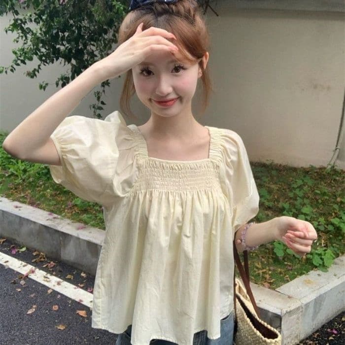 새로운 한국 스타일 미니멀리즘 바람 학생 셔츠 여성용 짧은 소매 여름 밴딩 광장 칼라 단색 작은 키 인형 셔츠 맨위 상세 이미지 2