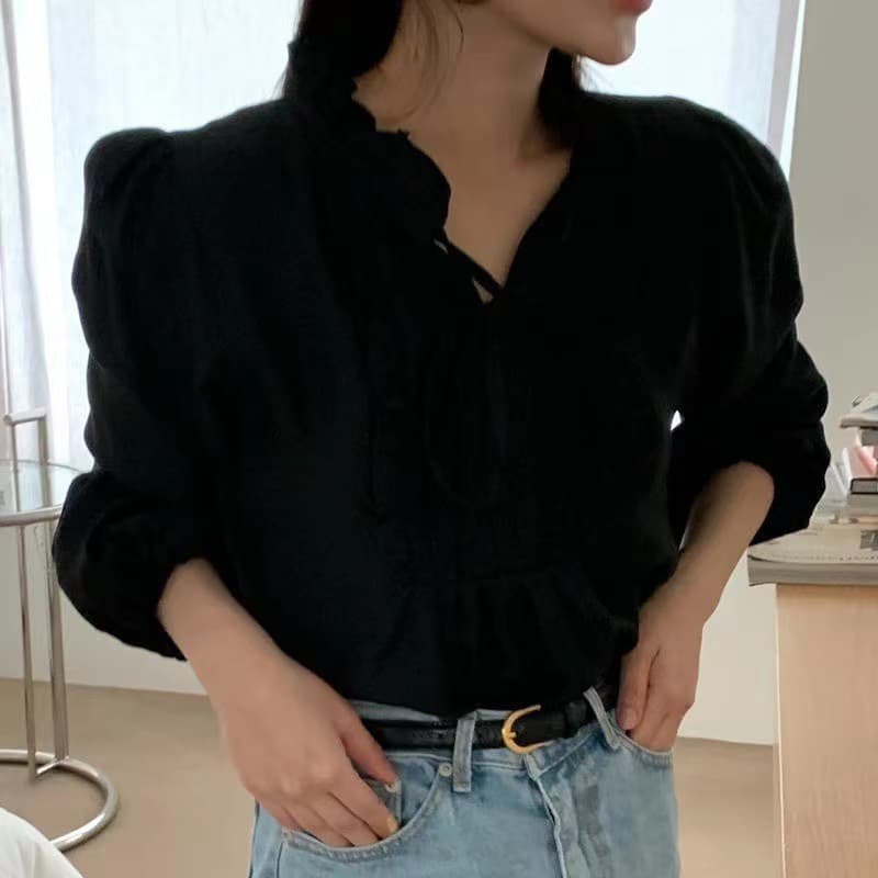 지금 한 부서 달콤함 부드러운 단색 레이스 레이스업 곰팡이 고리 긴팔 셔츠 이미지 3