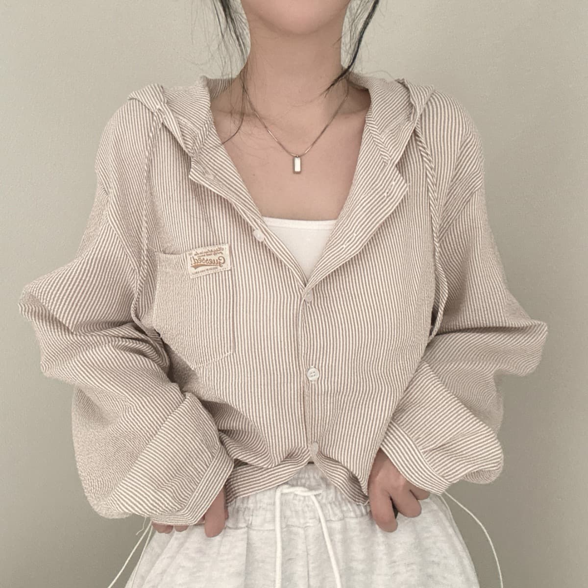 있음 물품 한국 chic 패션 품격 스트라이프 후드 부서 버클 루즈핏 캐주얼 다용도 쇼트 스타일 재킷 상세 이미지 1