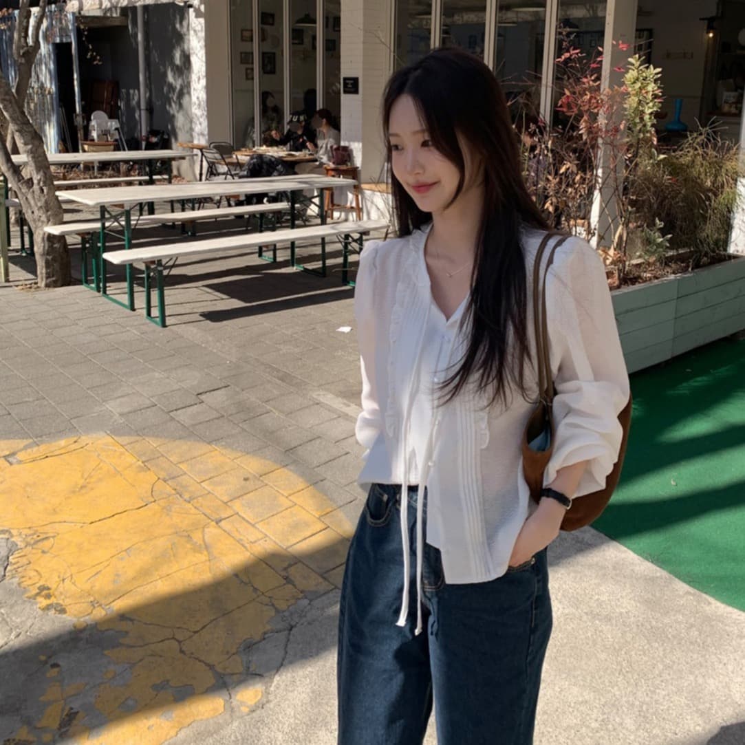 한국 chic 봄 새로운 달콤함 프릴 리본 셔츠 이미지 5