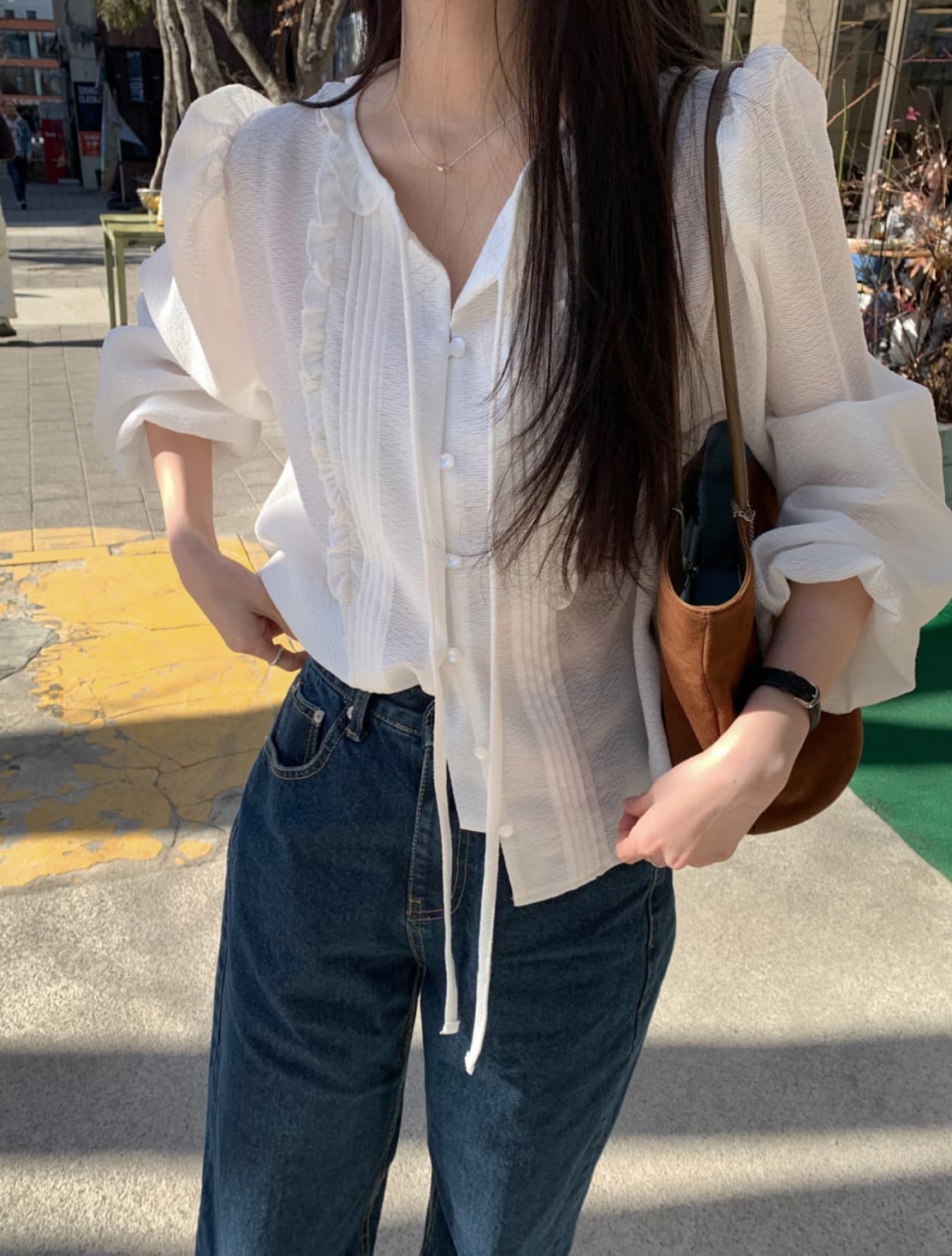 한국 chic 봄 새로운 달콤함 프릴 리본 셔츠 상세 이미지 1
