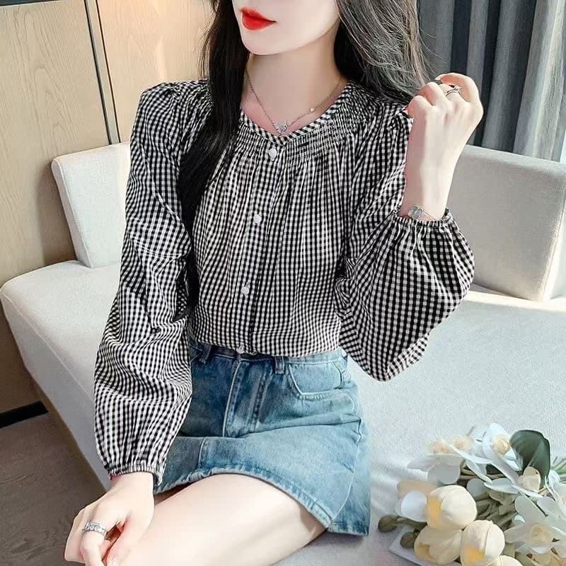 프랑스식 연령 감소 디자인 체크무늬 레이스 새로운 셔츠 맨위 레트로 외국 가스 긴팔 다용도 루즈핏 이미지 4