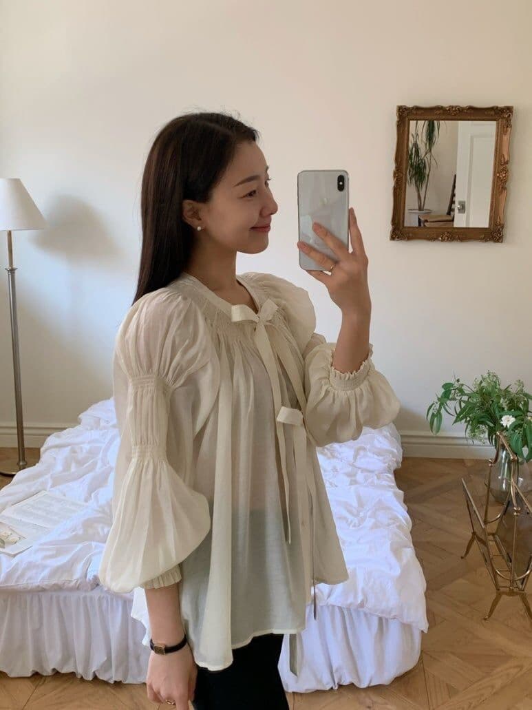 나비 매듭 벌룬 소매 쉬폰 블라우스 한국 스타일 chic 빛 요리 한 루즈핏 셔츠 Chic 작은 대중 디자인 센스 맨위 이미지 3