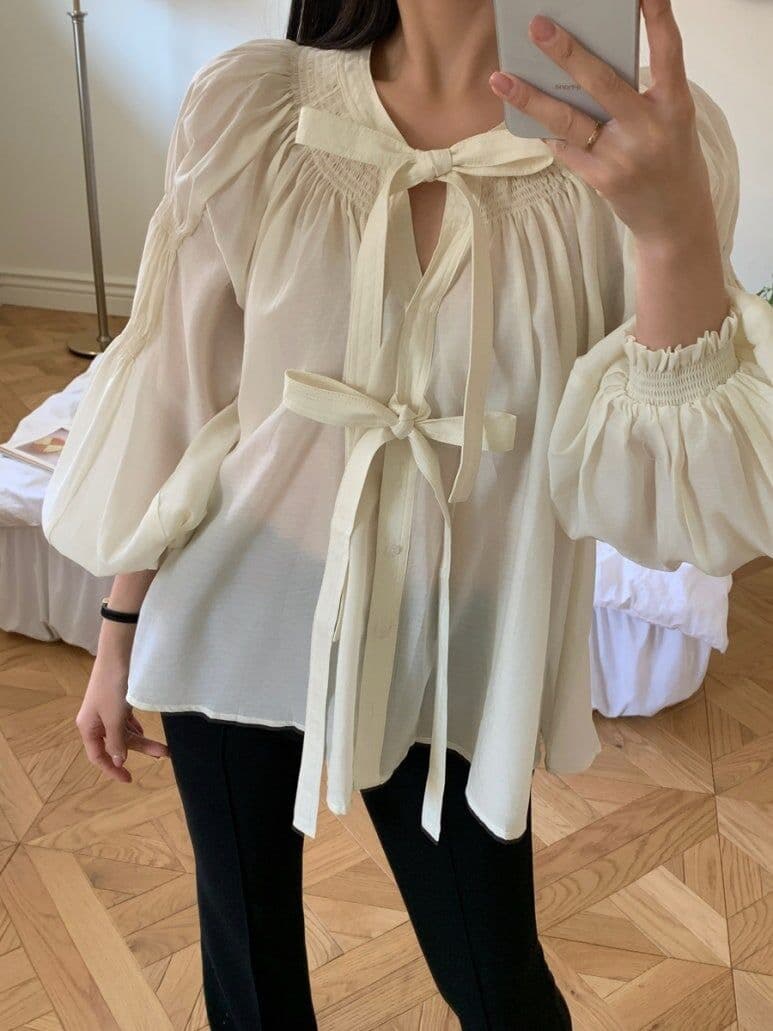 나비 매듭 벌룬 소매 쉬폰 블라우스 한국 스타일 chic 빛 요리 한 루즈핏 셔츠 Chic 작은 대중 디자인 센스 맨위 상세 이미지 1