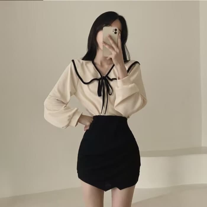 있음 밖으로 한국 ins 달콤함 새로운 맨위 프랑스식 루즈핏 나비 매듭 다용도 셔츠 이미지 3