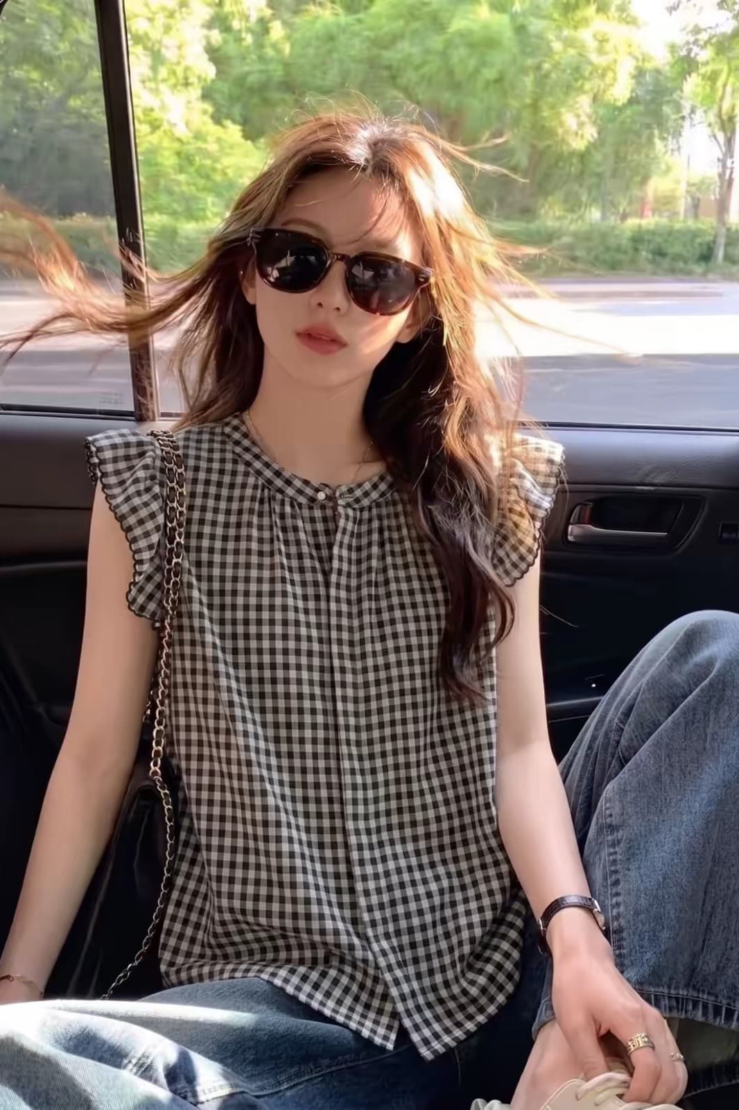여름 달콤함 연령 감소 Feifei 소매 체크무늬 셔츠 슬림해 보이는 다용도 쉬폰 셔츠 캐주얼 미니멀리즘 맨위 여성 이미지 3