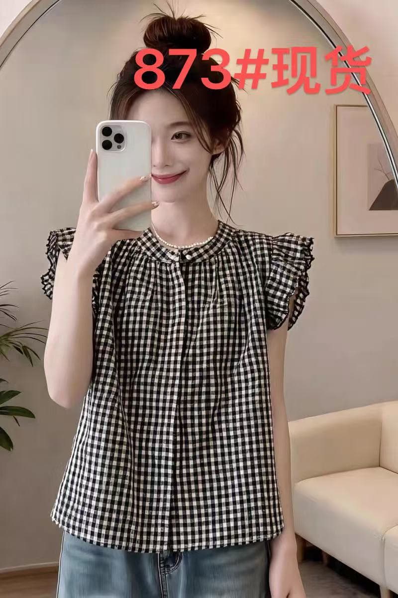 여름 달콤함 연령 감소 Feifei 소매 체크무늬 셔츠 슬림해 보이는 다용도 쉬폰 셔츠 캐주얼 미니멀리즘 맨위 여성