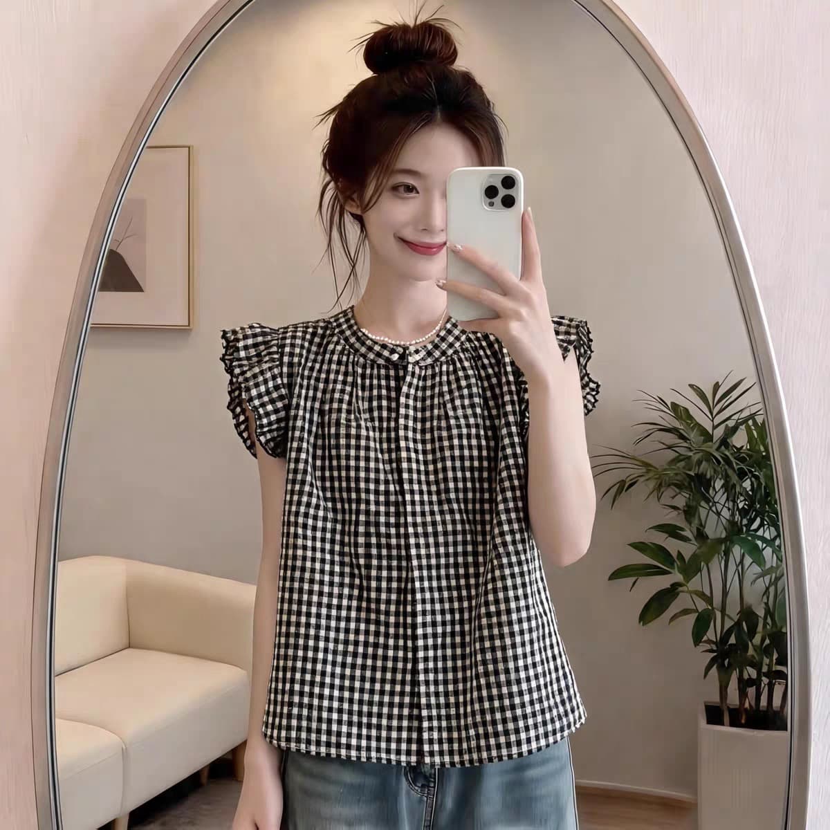 여름 달콤함 연령 감소 Feifei 소매 체크무늬 셔츠 슬림해 보이는 다용도 쉬폰 셔츠 캐주얼 미니멀리즘 맨위 여성 이미지 4
