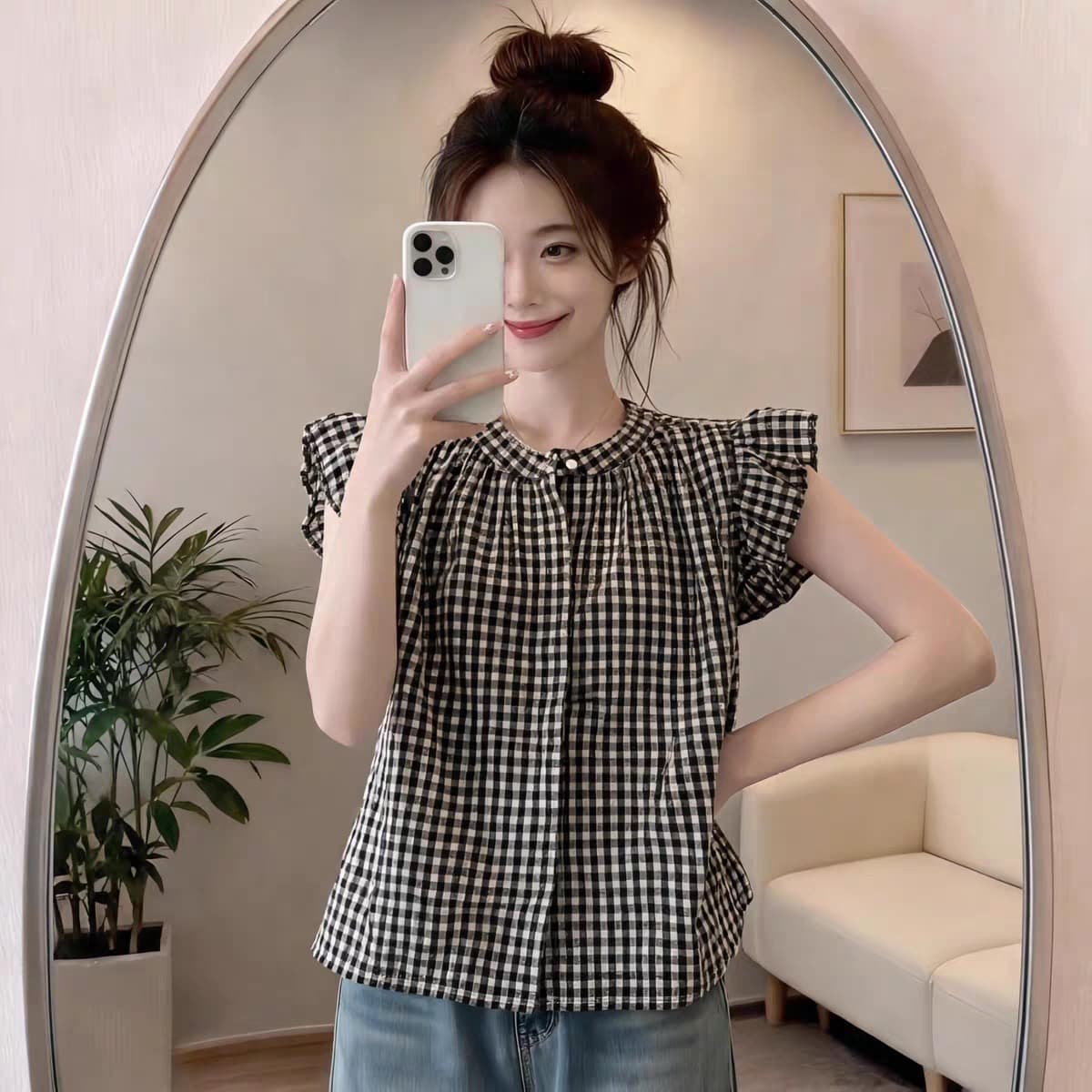 여름 달콤함 연령 감소 Feifei 소매 체크무늬 셔츠 슬림해 보이는 다용도 쉬폰 셔츠 캐주얼 미니멀리즘 맨위 여성 상세 이미지 1