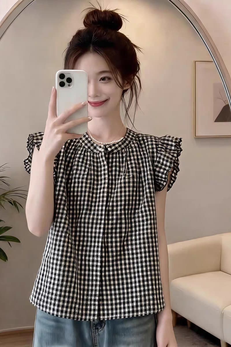 여름 달콤함 연령 감소 Feifei 소매 체크무늬 셔츠 슬림해 보이는 다용도 쉬폰 셔츠 캐주얼 미니멀리즘 맨위 여성 상세 이미지 5