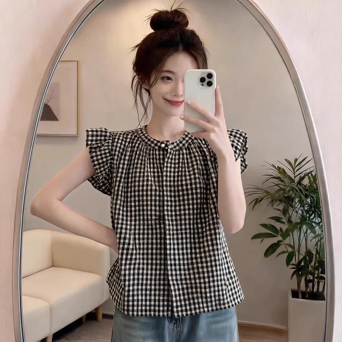 여름 달콤함 연령 감소 Feifei 소매 체크무늬 셔츠 슬림해 보이는 다용도 쉬폰 셔츠 캐주얼 미니멀리즘 맨위 여성 상세 이미지 6