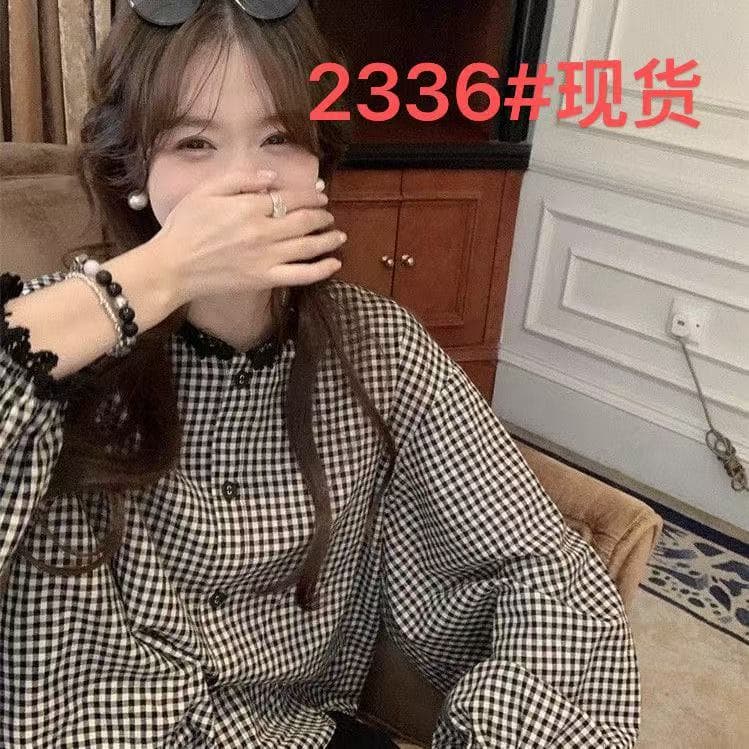 검정색 격자 무늬 셔츠 디자인 센스 레이스 조각 디자인 센스 일본식 체크무늬 긴팔 셔츠 소녀 다용도 봄 가을