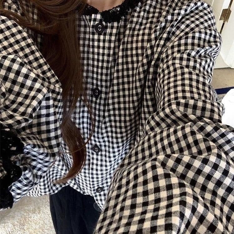 검정색 격자 무늬 셔츠 디자인 센스 레이스 조각 디자인 센스 일본식 체크무늬 긴팔 셔츠 소녀 다용도 봄 가을 상세 이미지 1
